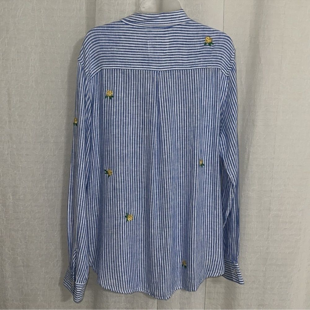 Rails L Charli Blue White Vertical Stripes Yellow Green Embroidered Roses Shirt - Picture 13 of 15